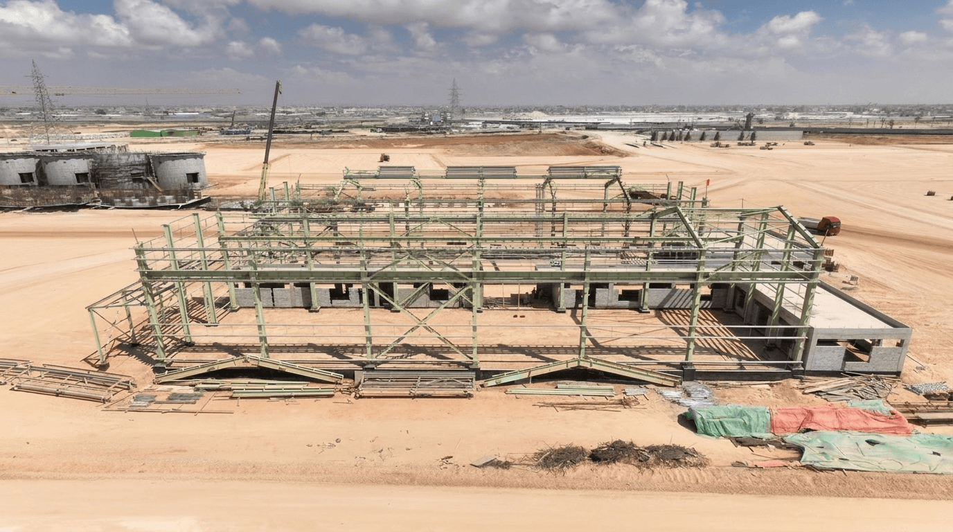 Structural steel construction progress at the Benghazi steel complex
