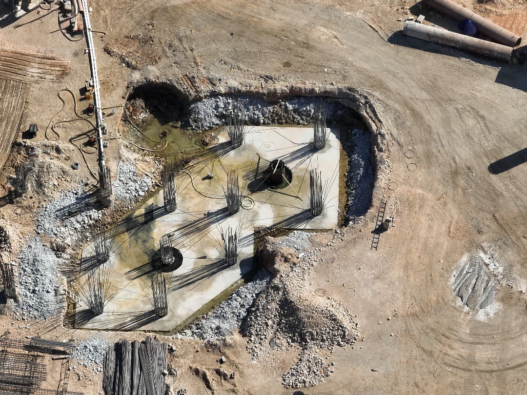 Aerial view of ongoing foundation and piling construction works at the Tosyalı Sulb steel plant project site in Benghazi, Libya.