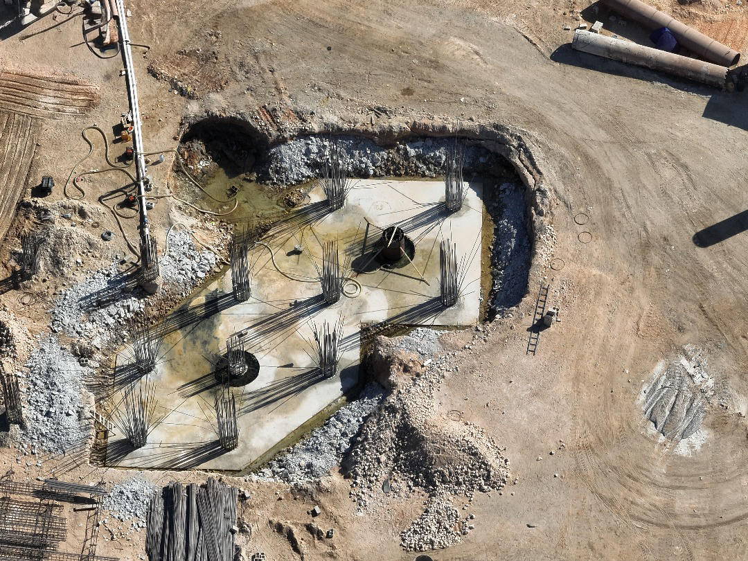 Aerial view of ongoing foundation and piling construction works at the Tosyalı Sulb steel plant project site in Benghazi, Libya.
